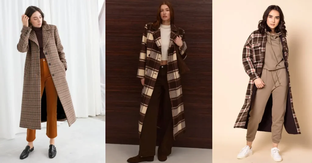 پالتو زنانه چهارخانه قهوه ای